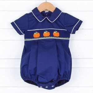 Navy Pique Smocked Pumpkins Collared Boys Bubble 3M Classic Whimsy Fall Autumn
